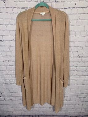 J.JIll Womens Open Knit Linen Blend Long Open Front Sweater Pink Tan L Lagenlook
